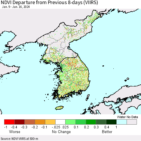 Korea NDVI Departure from Previous 8-days (VIIRS) Thematic Map For 1/9/2024 - 1/16/2024