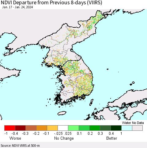 Korea NDVI Departure from Previous 8-days (VIIRS) Thematic Map For 1/17/2024 - 1/24/2024