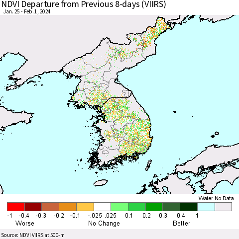Korea NDVI Departure from Previous 8-days (VIIRS) Thematic Map For 1/25/2024 - 2/1/2024