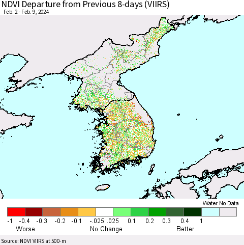 Korea NDVI Departure from Previous 8-days (VIIRS) Thematic Map For 2/2/2024 - 2/9/2024