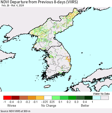 Korea NDVI Departure from Previous 8-days (VIIRS) Thematic Map For 2/26/2024 - 3/4/2024