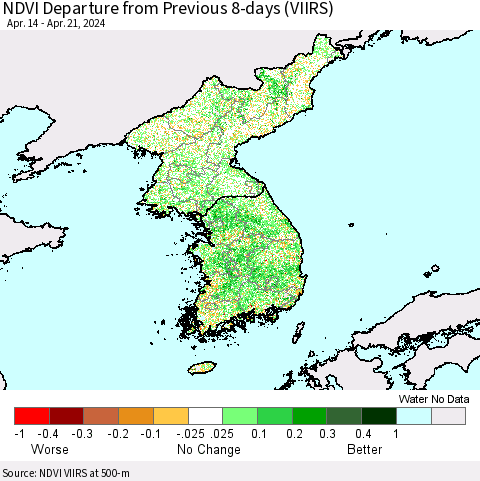 Korea NDVI Departure from Previous 8-days (VIIRS) Thematic Map For 4/14/2024 - 4/21/2024