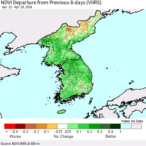Korea NDVI Departure from Previous 8-days (VIIRS) Thematic Map For 4/22/2024 - 4/29/2024