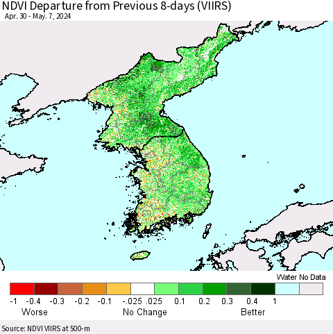 Korea NDVI Departure from Previous 8-days (VIIRS) Thematic Map For 4/30/2024 - 5/7/2024
