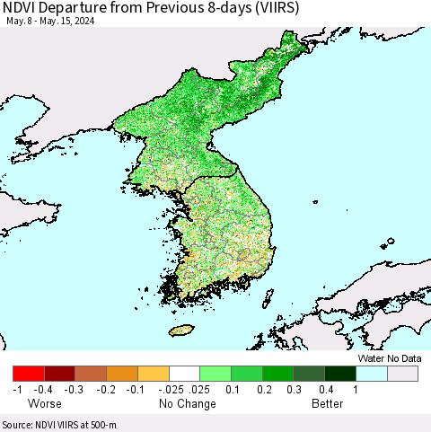 Korea NDVI Departure from Previous 8-days (VIIRS) Thematic Map For 5/8/2024 - 5/15/2024