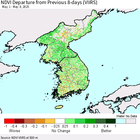 Korea NDVI Departure from Previous 8-days (VIIRS) Thematic Map For 5/1/2025 - 5/8/2025