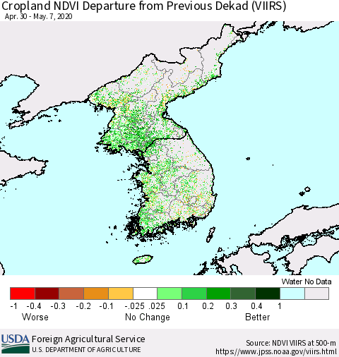 Korea Cropland NDVI Departure from Previous Dekad (VIIRS) Thematic Map For 5/1/2020 - 5/10/2020