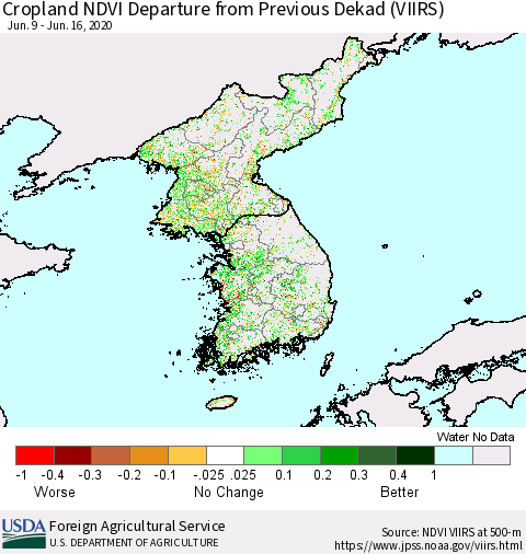 Korea Cropland NDVI Departure from Previous Dekad (VIIRS) Thematic Map For 6/11/2020 - 6/20/2020
