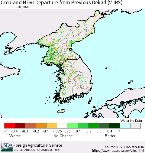 Korea Cropland NDVI Departure from Previous Dekad (VIIRS) Thematic Map For 7/1/2020 - 7/10/2020