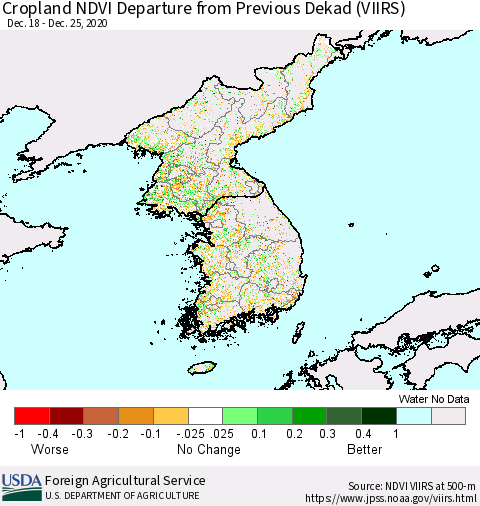 Korea Cropland NDVI Departure from Previous Dekad (VIIRS) Thematic Map For 12/21/2020 - 12/31/2020