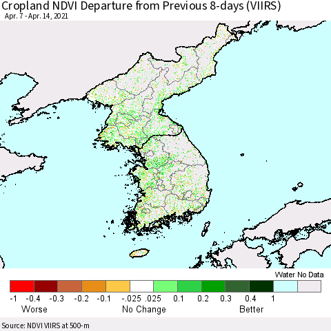 Korea Cropland NDVI Departure from Previous 8-days (VIIRS) Thematic Map For 4/7/2021 - 4/14/2021