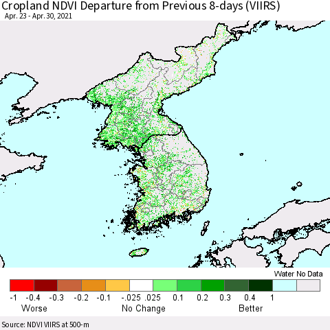 Korea Cropland NDVI Departure from Previous 8-days (VIIRS) Thematic Map For 4/23/2021 - 4/30/2021