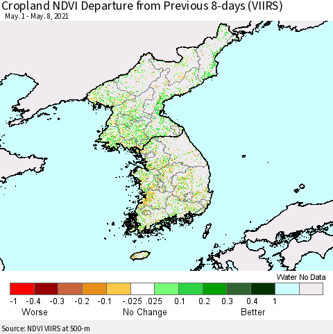 Korea Cropland NDVI Departure from Previous 8-days (VIIRS) Thematic Map For 5/1/2021 - 5/8/2021