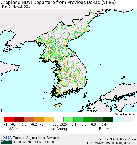 Korea Cropland NDVI Departure from Previous Dekad (VIIRS) Thematic Map For 5/11/2021 - 5/20/2021
