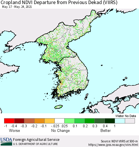 Korea Cropland NDVI Departure from Previous Dekad (VIIRS) Thematic Map For 5/21/2021 - 5/31/2021