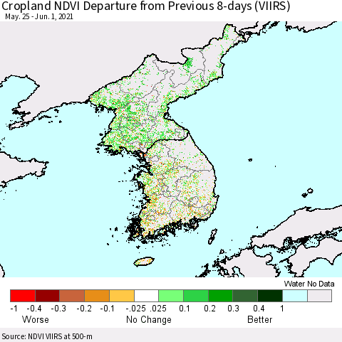 Korea Cropland NDVI Departure from Previous 8-days (VIIRS) Thematic Map For 5/25/2021 - 6/1/2021