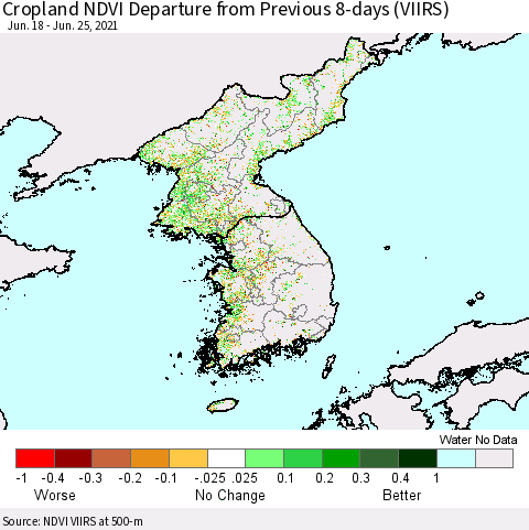 Korea Cropland NDVI Departure from Previous 8-days (VIIRS) Thematic Map For 6/18/2021 - 6/25/2021