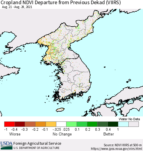 Korea Cropland NDVI Departure from Previous Dekad (VIIRS) Thematic Map For 8/21/2021 - 8/31/2021