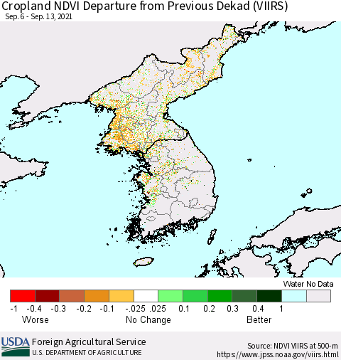 Korea Cropland NDVI Departure from Previous Dekad (VIIRS) Thematic Map For 9/11/2021 - 9/20/2021