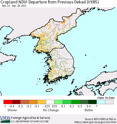 Korea Cropland NDVI Departure from Previous Dekad (VIIRS) Thematic Map For 9/21/2021 - 9/30/2021