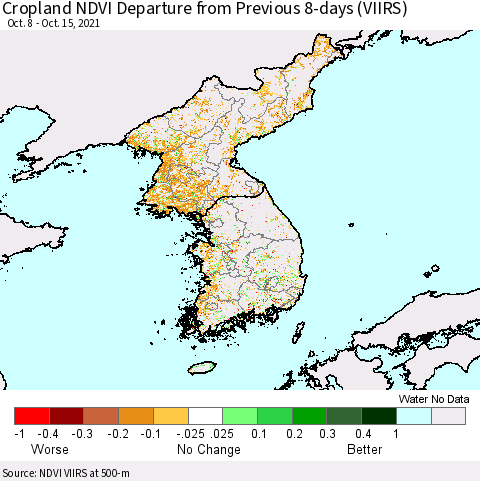 Korea Cropland NDVI Departure from Previous 8-days (VIIRS) Thematic Map For 10/8/2021 - 10/15/2021