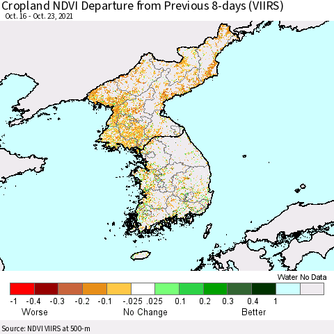 Korea Cropland NDVI Departure from Previous 8-days (VIIRS) Thematic Map For 10/16/2021 - 10/23/2021