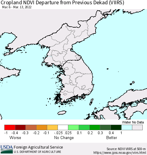 Korea Cropland NDVI Departure from Previous Dekad (VIIRS) Thematic Map For 3/11/2022 - 3/20/2022