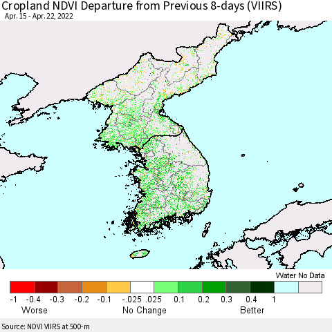 Korea Cropland NDVI Departure from Previous 8-days (VIIRS) Thematic Map For 4/15/2022 - 4/22/2022