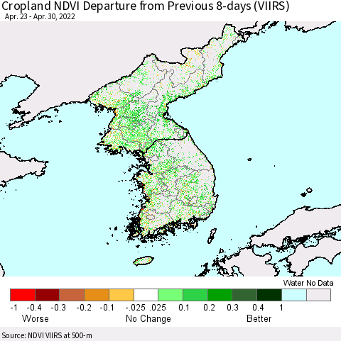 Korea Cropland NDVI Departure from Previous Dekad (VIIRS) Thematic Map For 4/21/2022 - 4/30/2022