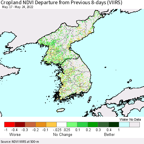 Korea Cropland NDVI Departure from Previous 8-days (VIIRS) Thematic Map For 5/17/2022 - 5/24/2022