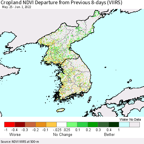 Korea Cropland NDVI Departure from Previous 8-days (VIIRS) Thematic Map For 5/25/2022 - 6/1/2022