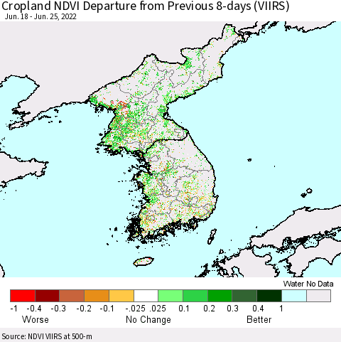 Korea Cropland NDVI Departure from Previous 8-days (VIIRS) Thematic Map For 6/18/2022 - 6/25/2022