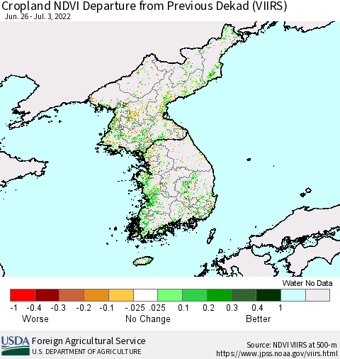 Korea Cropland NDVI Departure from Previous Dekad (VIIRS) Thematic Map For 7/1/2022 - 7/10/2022