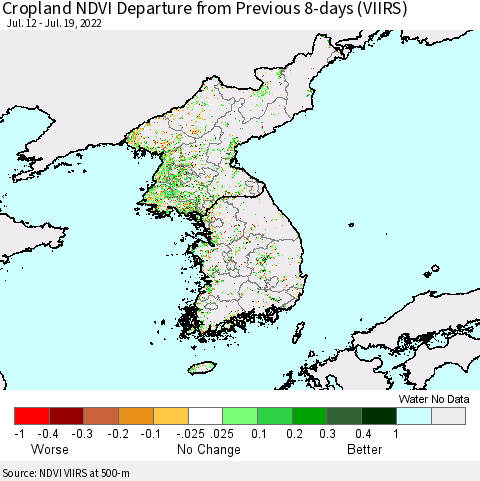 Korea Cropland NDVI Departure from Previous 8-days (VIIRS) Thematic Map For 7/12/2022 - 7/19/2022