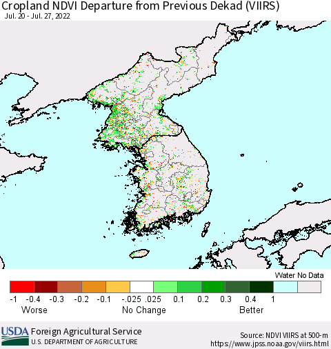 Korea Cropland NDVI Departure from Previous Dekad (VIIRS) Thematic Map For 7/21/2022 - 7/31/2022