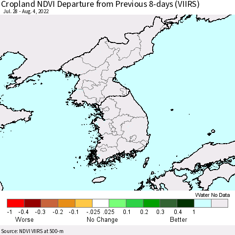 Korea Cropland NDVI Departure from Previous 8-days (VIIRS) Thematic Map For 7/28/2022 - 8/4/2022