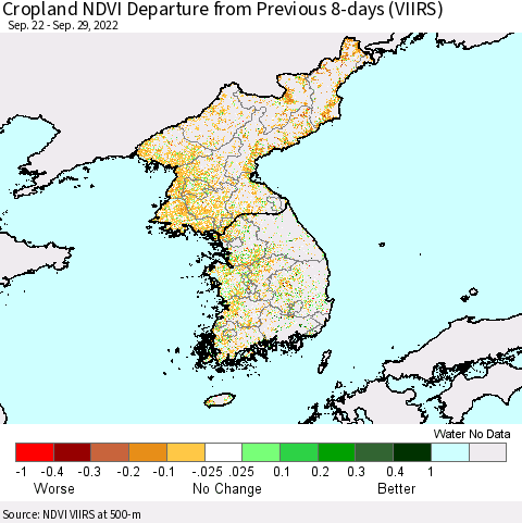 Korea Cropland NDVI Departure from Previous 8-days (VIIRS) Thematic Map For 9/22/2022 - 9/29/2022