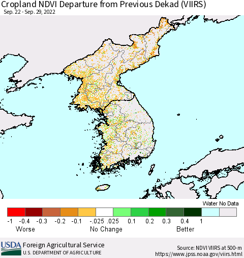 Korea Cropland NDVI Departure from Previous Dekad (VIIRS) Thematic Map For 9/21/2022 - 9/30/2022