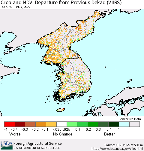 Korea Cropland NDVI Departure from Previous Dekad (VIIRS) Thematic Map For 10/1/2022 - 10/10/2022