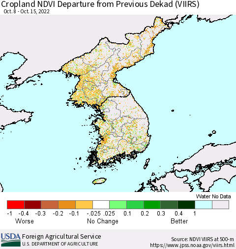 Korea Cropland NDVI Departure from Previous Dekad (VIIRS) Thematic Map For 10/11/2022 - 10/20/2022