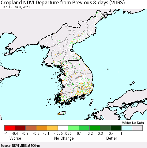 Korea Cropland NDVI Departure from Previous 8-days (VIIRS) Thematic Map For 1/1/2023 - 1/8/2023
