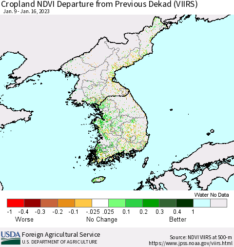 Korea Cropland NDVI Departure from Previous Dekad (VIIRS) Thematic Map For 1/11/2023 - 1/20/2023