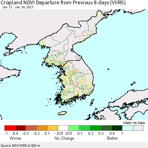 Korea Cropland NDVI Departure from Previous 8-days (VIIRS) Thematic Map For 1/17/2023 - 1/24/2023