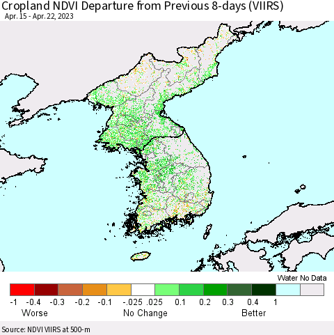 Korea Cropland NDVI Departure from Previous 8-days (VIIRS) Thematic Map For 4/15/2023 - 4/22/2023