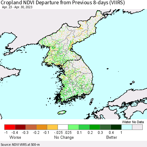 Korea Cropland NDVI Departure from Previous Dekad (VIIRS) Thematic Map For 4/21/2023 - 4/30/2023