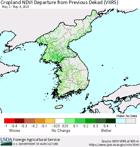 Korea Cropland NDVI Departure from Previous Dekad (VIIRS) Thematic Map For 5/1/2023 - 5/10/2023