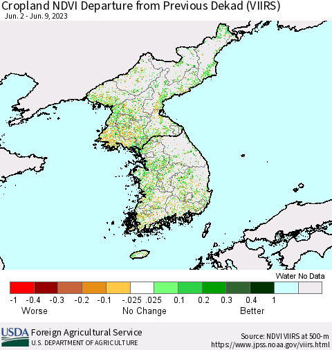 Korea Cropland NDVI Departure from Previous Dekad (VIIRS) Thematic Map For 6/1/2023 - 6/10/2023