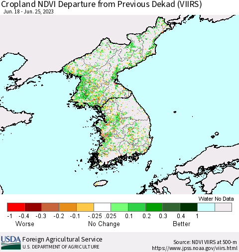 Korea Cropland NDVI Departure from Previous Dekad (VIIRS) Thematic Map For 6/21/2023 - 6/30/2023