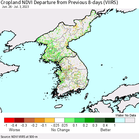 Korea Cropland NDVI Departure from Previous 8-days (VIIRS) Thematic Map For 6/26/2023 - 7/3/2023