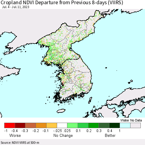 Korea Cropland NDVI Departure from Previous 8-days (VIIRS) Thematic Map For 7/4/2023 - 7/11/2023